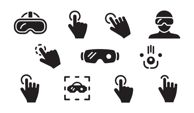 Set of twelve black glyph icons showing vr headsets touch gestures and user interaction.