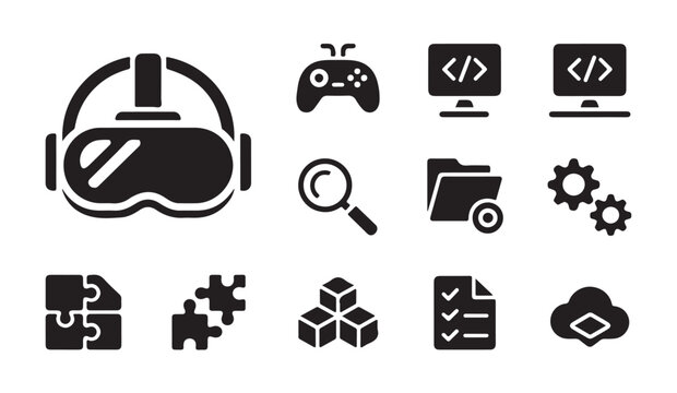 Twelve black solid icons showing vr gear computer code folders settings and cloud sync.