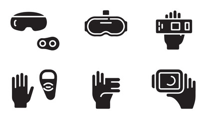 Virtual reality headsets and motion tracking controllers icons for immersive tech apps. © parul