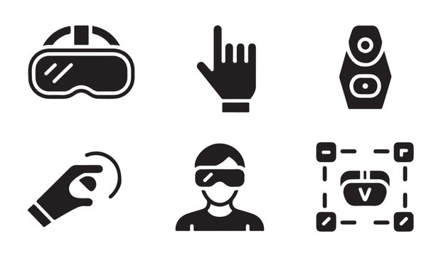 Selection of virtual reality icons showing user interaction and hardware head displays.