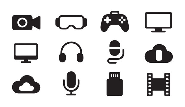Set of icons representing digital technology and entertainment on a white background.