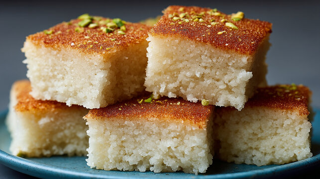 Basbousa semolina cake squares topped with pistachios on blue plate middle eastern basbousa