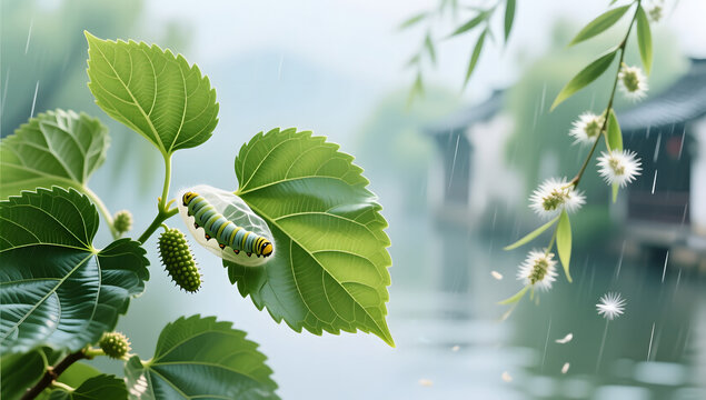 Xiaoman solar term silkworm cocoons and mulberry leaves background