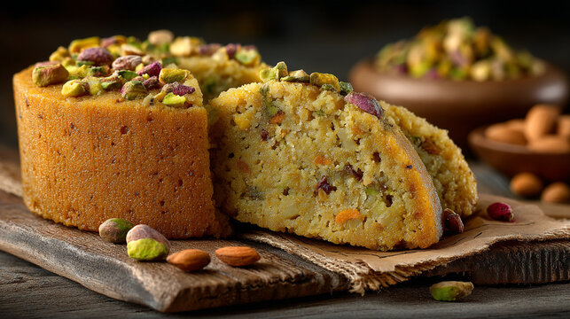 Classic round sponge cake infused with chopped pistachios pistachio homemade culinary delicious