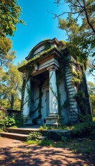 Fototapeta premium Abandoned, overgrown stone monument with vines crawling up its sides, history, abandoned