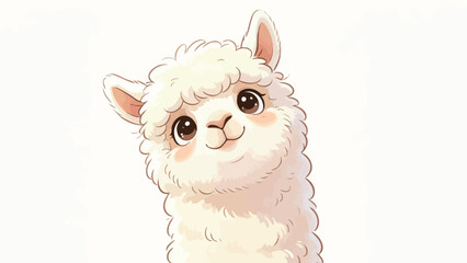 Fototapeta premium Adorable Fluffy Cream Alpaca Tilting Its Head With Gentle Smile, Soft Cheek Blush, Big Round Brown Eyes, Soft Kawaii Illustration On Plain White Background