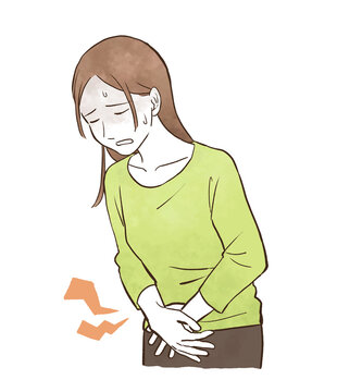 痛い下腹部を押さえる若い女性（生理痛、腸炎など）　水彩風の手描きイラスト素材