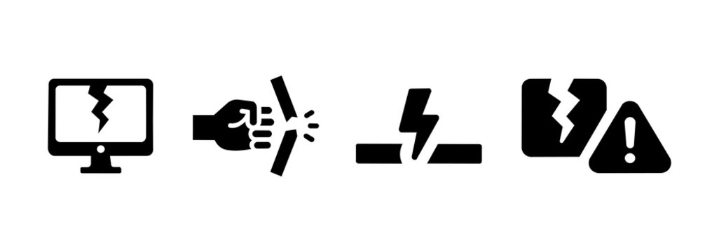 Broken object icon set, contains broken computer screen, fragile glass and damage symbols, illustration pack