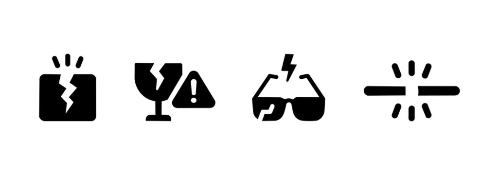 Broken object icon set, contains broken glass, fragile glasses and damage symbols, illustration pack