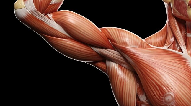 Detailed human arm muscle anatomy on a black background.