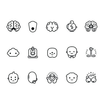 Brain, mind, and head icons, simple line drawings, 16 emotional faces and thoughts, black and white, vector illustrations, psychology and mental health concepts, emotions and feelings, symbol set