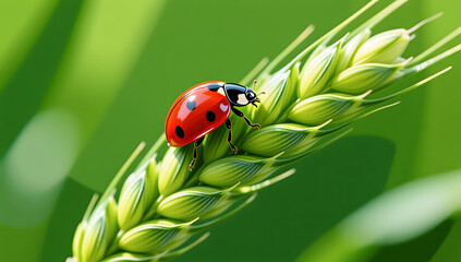 Fototapeta premium Green wheat ears and ladybug scene for Xiaoman term