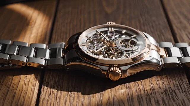 Closeup of a luxurious skeleton automatic watch on a wooden surface.
