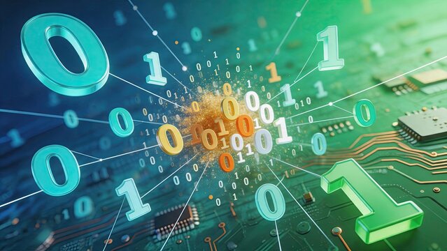 Abstract digital binary code explosion with zero and one numbers on circuit board background, representing big data processing and computer network technology concept