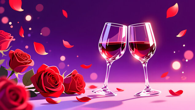 Romantic 520 Valentine crystal wine glasses and rose petals background