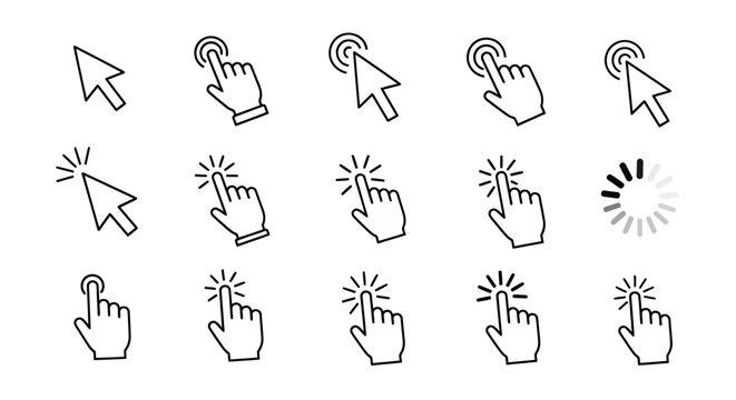 Series of hand cursor icons showing clicking and user interface interaction in a vector graphic set.