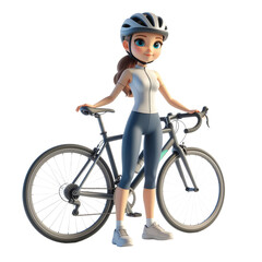 Naklejka premium 3d cartoon character, young woman riding a bicycle