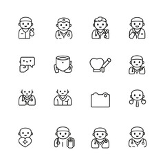 Fototapeta premium Minimalist line icons, people communicating, chatting, working, healthcare professionals, 15 editable vector graphics
