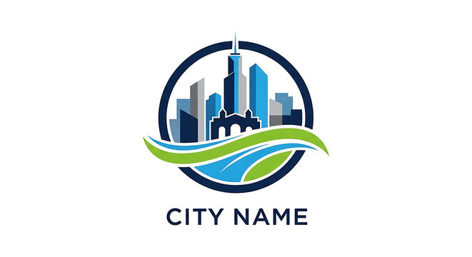 Modern city skyline illustration with blue buildings, green landscape, and flowing water design inside a circle logo