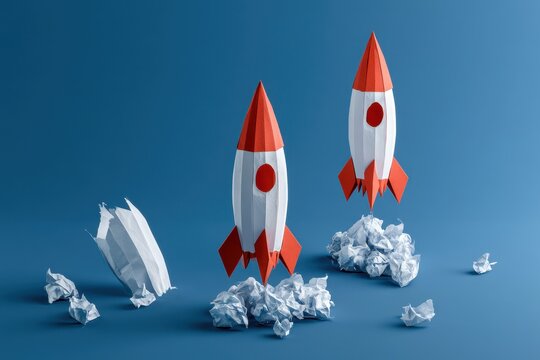 Paper rockets launching and crashing on a minimalist blue background in a sharp focus macro shot for business startup marketing