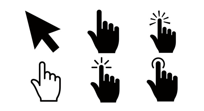 Collection of computer cursor icons showing different click gestures for interface design and UI interaction.