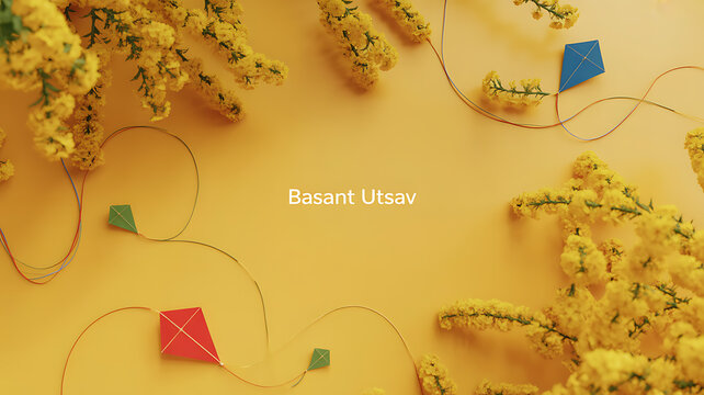 Colorful kites and yellow flowers arranged on a yellow background for Basant Utsav celebration