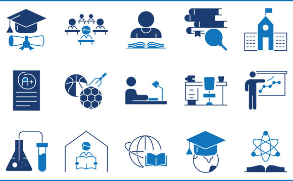 A set of icons related to University Education. Educate, lab, read, sports, evaluation, graduation, presentation, and so on.