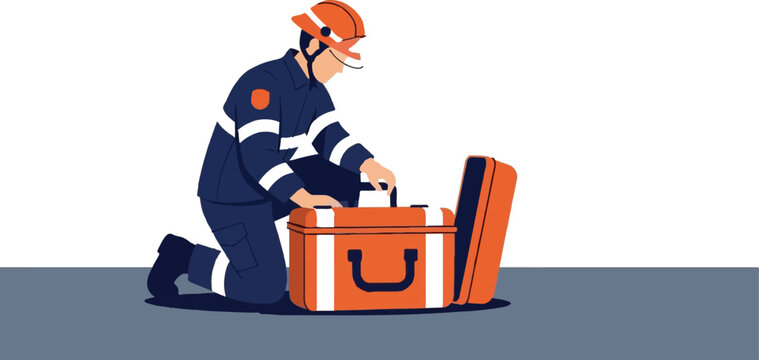 Emergency worker inspecting orange safety suitcase on knees.