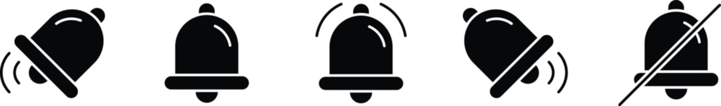 Black bell notification icons depicting alert ringing and silent modes for modern digital interfaces