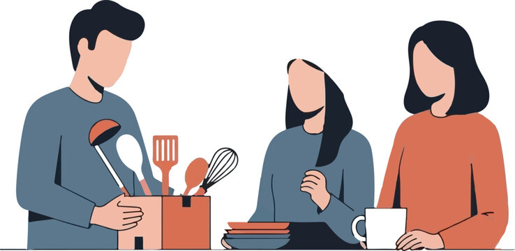 Three people preparing and discussing kitchen cooking tasks together.