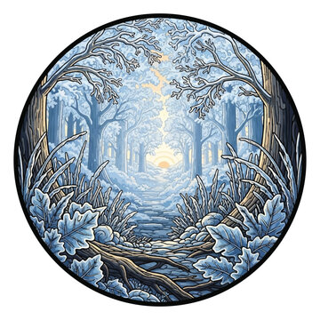 Frozen trees in winter landscape scene.