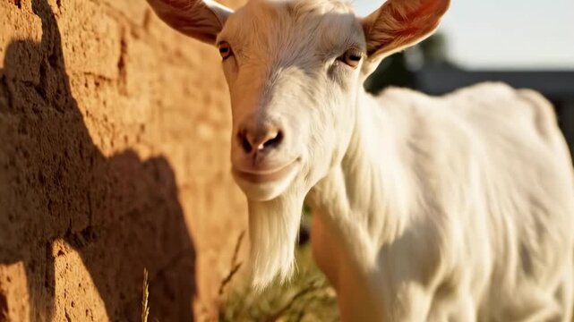 Gentle saanen goat with short cream white hair grazing near sunlit earthen farm wall, close rural dairy animal scene with soft shadow, warm morning light, and textured countryside background