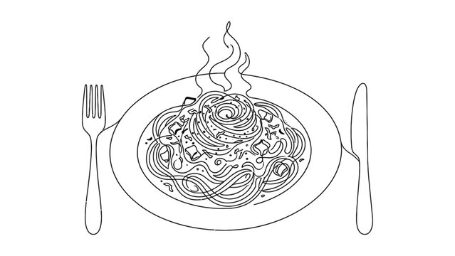 A plate of spaghetti with fork and knife.
