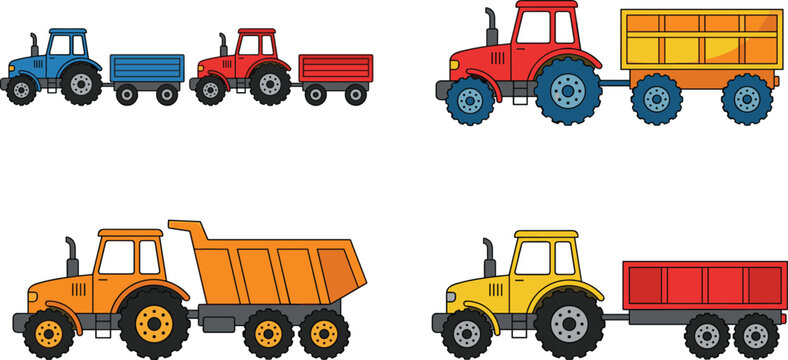 Cartoon Farm Tractor and Trailer Vector Set with Agricultural Transport Vehicles