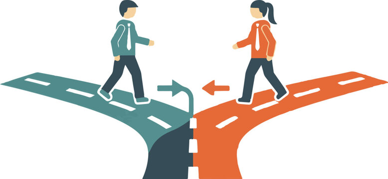 Two people choosing different paths at crossroads illustration.