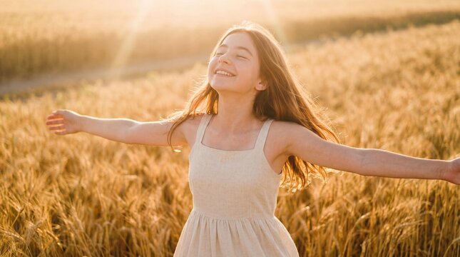 A smiling girl in a linen dress stands in a golden wheat field with arms outspread, eyes closed. The scene evokes a deep feeling of freedom, serenity, and harmony with nature.