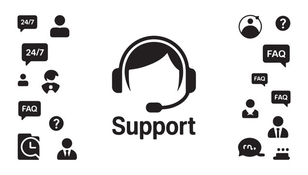 Customer support service center icons for digital communication and online helpdesk setup.