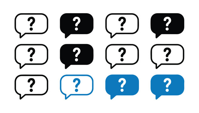 Set of question mark speech bubble icons for frequently asked questions and online support.