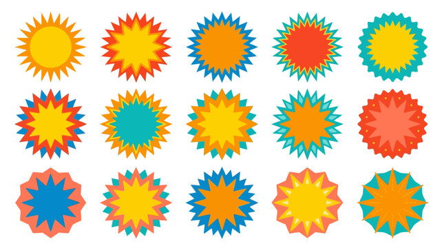Vibrant collection of vector sunburst and star-shaped badges, ideal for dynamic promotions, sales, and graphic design. Colorful labels provide modern visual impact for marketing