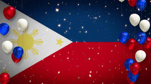 Loop, 4K video, Philippine flag, national flag, celebration, event, soccer, football, basketball, Arnis, boxing, billiards, background, player introductions, confetti, red, blue, White, balloons, copy