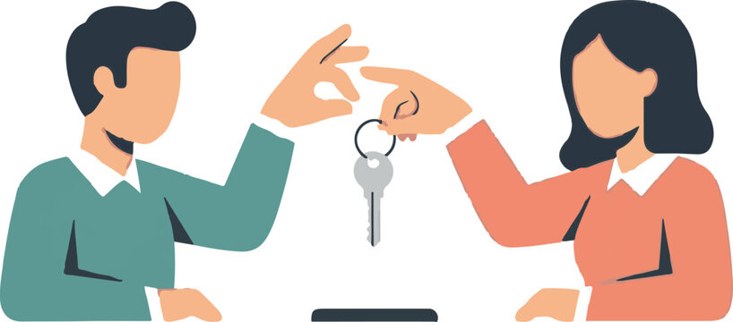 Couple exchanging keys in a cheerful property handover moment.