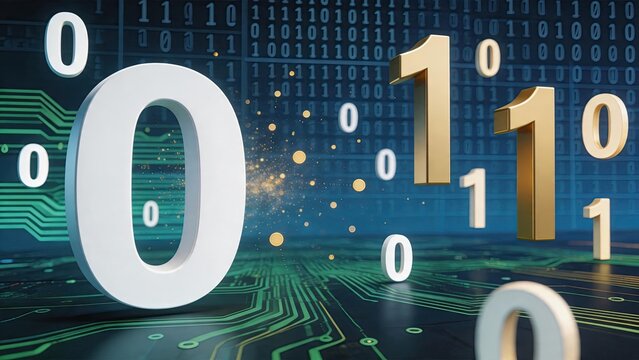3D binary code numbers zero and one floating over circuit board background, digital data processing information technology concept, computer programming coding software