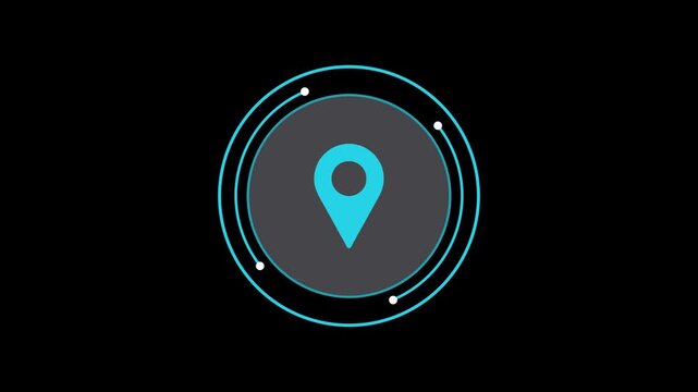 Modern location pin icon animation with circular HUD-style motion. Clean and minimal design representing GAPS tracking, map navigation, location services, and digital interface elements.4k animation.