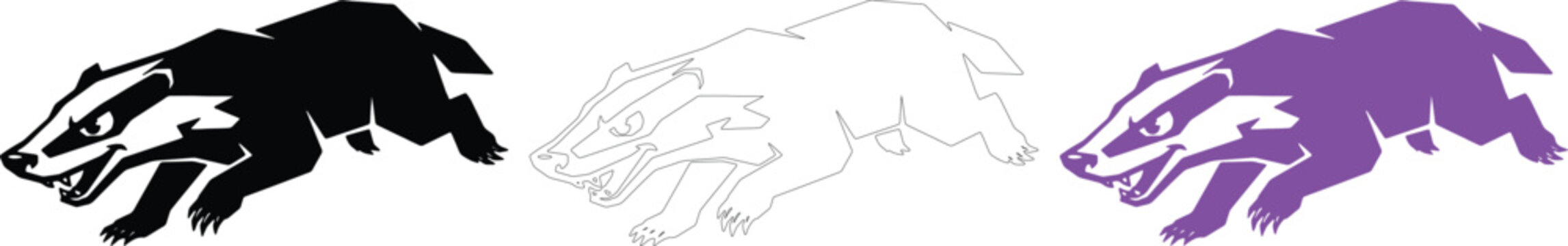 Badger vector icon set with running silhouette and outline on transparent background