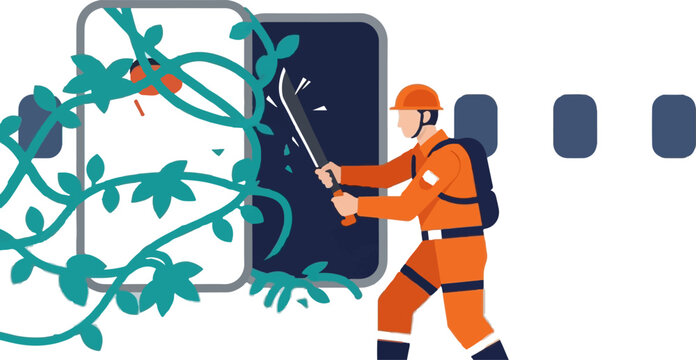 Industrial worker cutting overgrown plants near train door.
