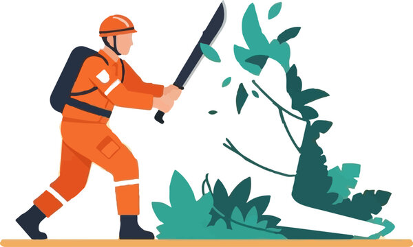 Forest worker cutting overgrown vegetation with large machete.