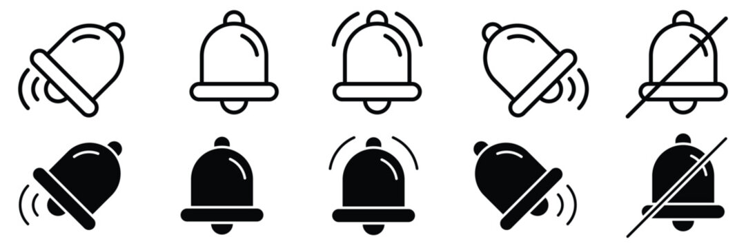 Modern notification bell icons depicting active silent and muted states in outline and solid styles