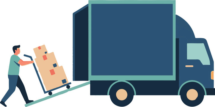 Worker unloading delivery truck with stacked boxes on cart.