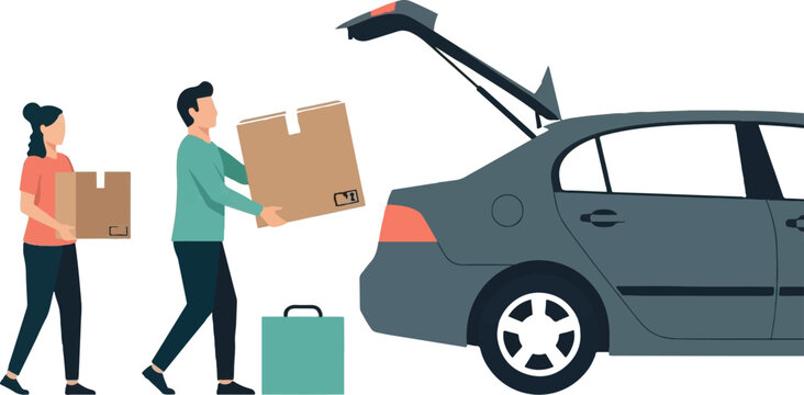 Couple loading cardboard boxes into car trunk together.