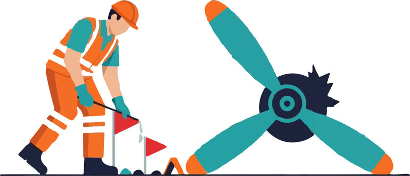 Industrial worker inspecting large mechanical propeller outdoors.